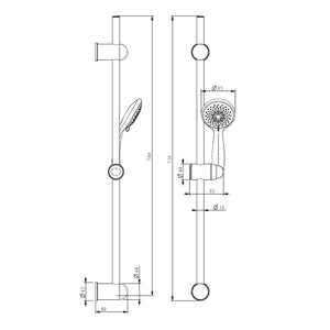 Saliscendi mali con altezza regolabile e doccino tre getti.