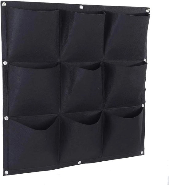 Tenda per piante verticale - contenitore per piante appeso - Giardino verticale con 9 contenitori - Contenitore per piante - contenitore per piante all'aperto - 9 spazi ampi - Quadrato - 50 x 50 cm - Nero - Materiale: Vilten -