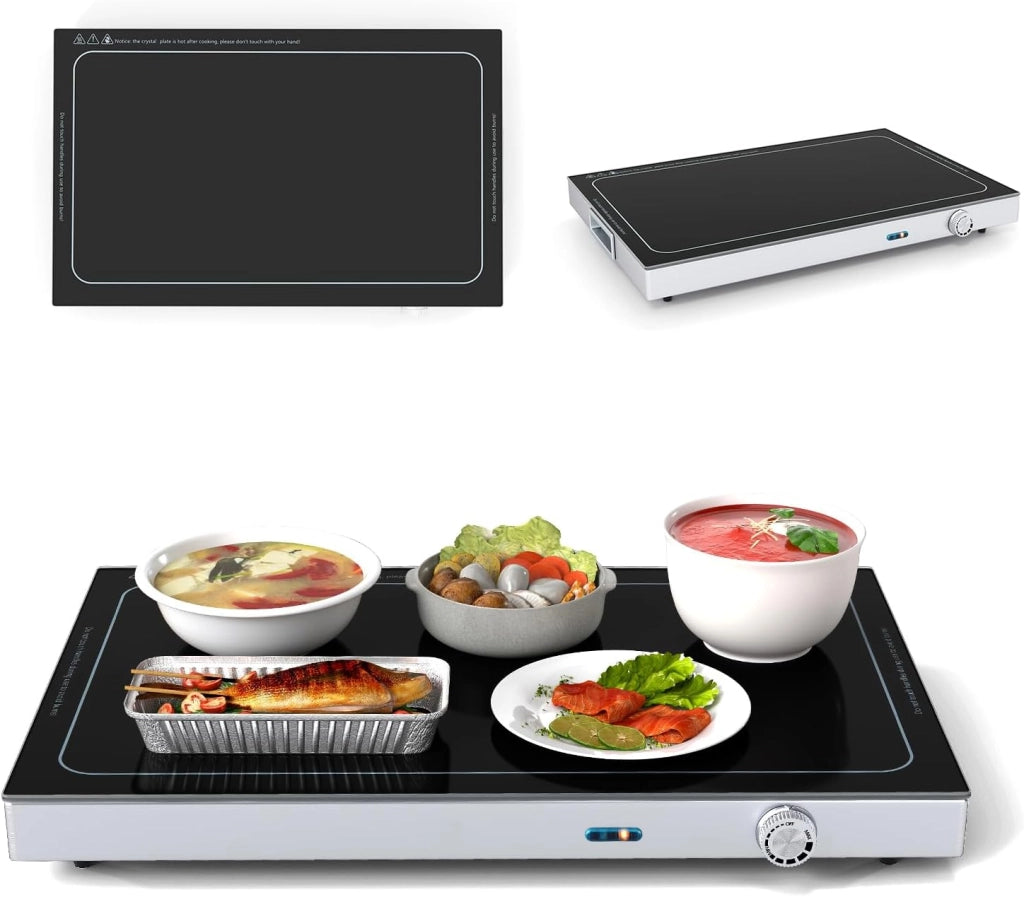 Vassoio Scaldavivande Elettrico 300 W, Scalda Vivande Temperatura Regolabile 50-120℃, Vassoio 56 X 36 CM, con Maniglia Cool-Touch, Superficie in Vetro Temperato, per Famiglia, Feste, Picnic