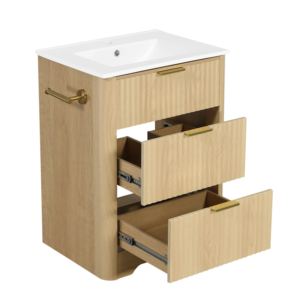 Mobile sottolavabo con 2 cassetti e portarotolo; per bagno; in MDF e ceramica; 61×47×82 cm; naturale
