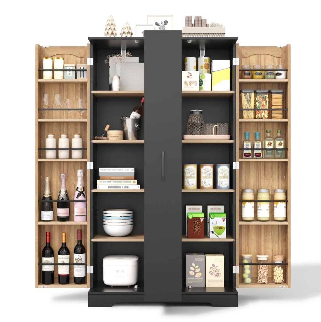 Mobile dispensa da cucina con 2 ante; ripiani regolabili e vano estraibile a 4 livelli; 150 x 78 x 40 cm; nero