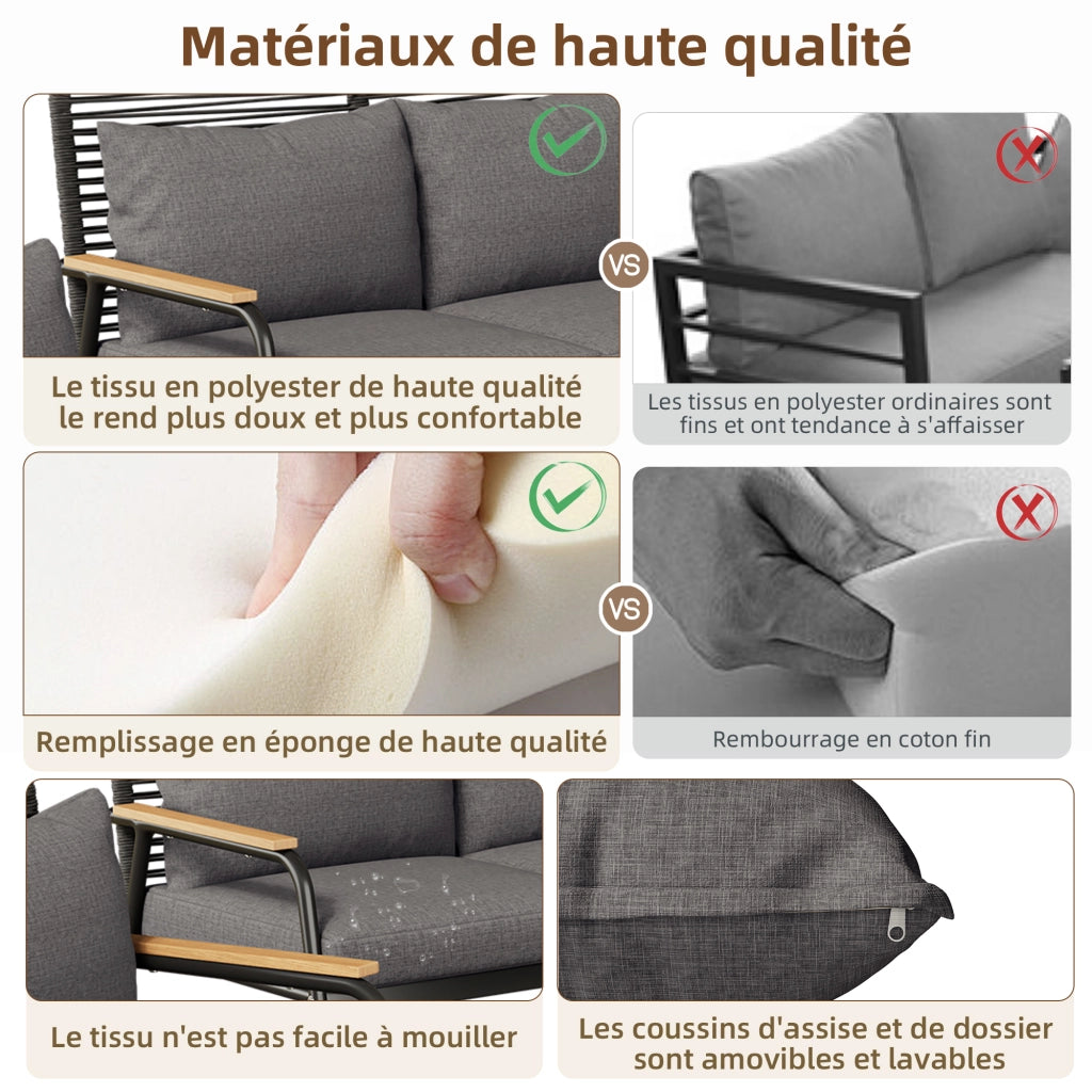 Set Lounge da Giardino 4 Posti con Tavolo ¨C MINIMAL ¨C Polyrattan, Vetro, Nero, Cuscini Inclusi