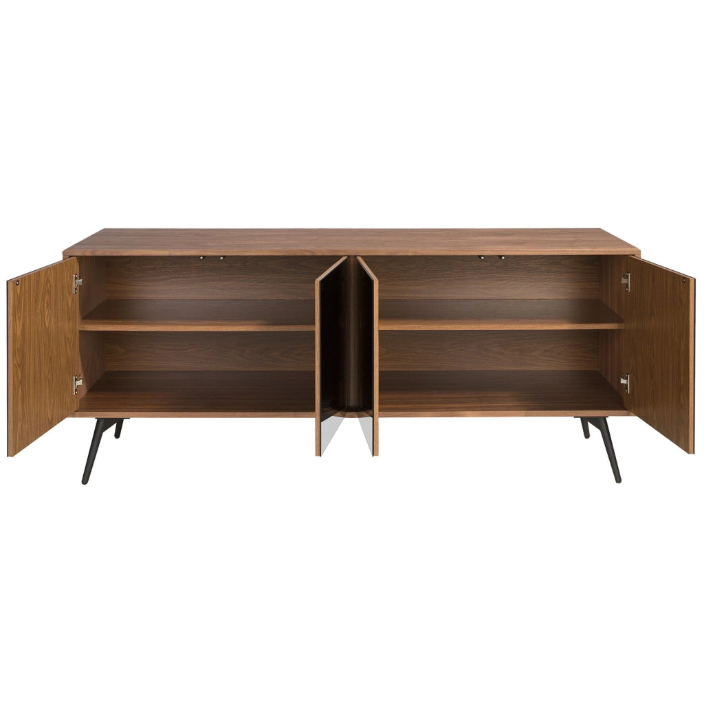 Credenza in vetro nero a specchio, noce e acciaio nero