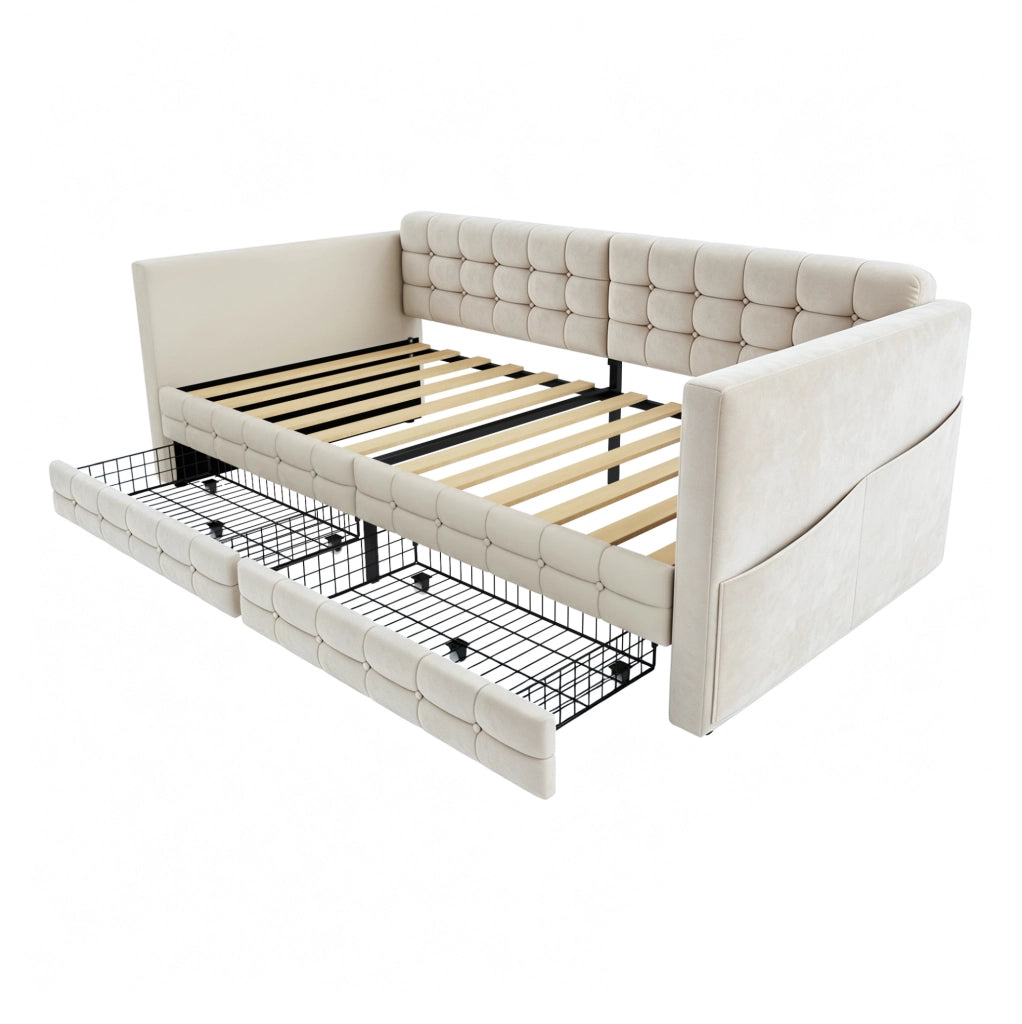 Letto imbottito 90x190 cm con tasche laterali e 2 cassetti in velluto beige
