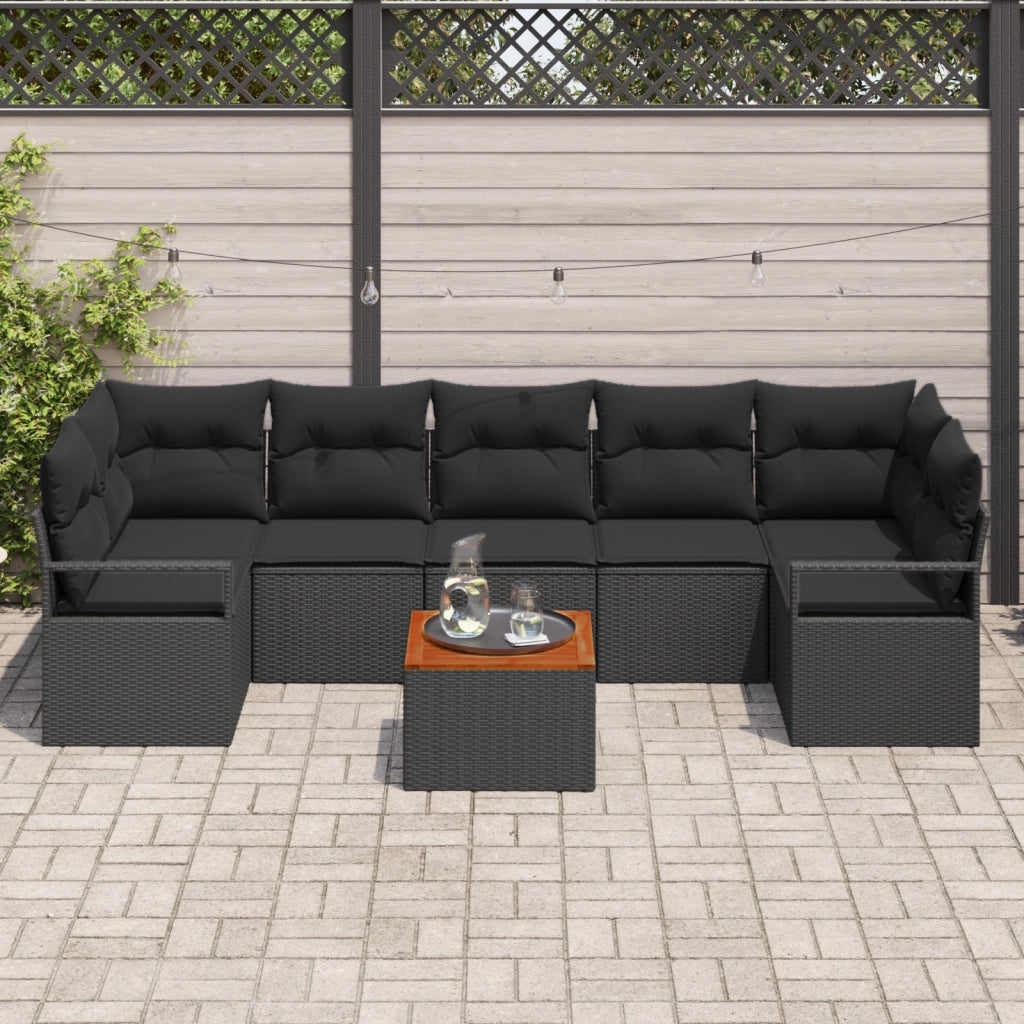 Set di Divani da Giardino da 8 Pezzi con Cuscini Neri in Polyrattan Acacia