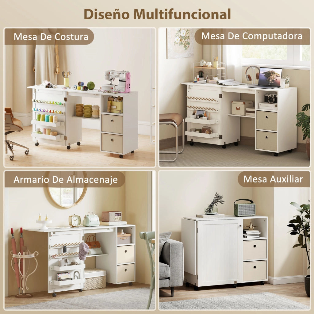 Tavolo da cucito pieghevole ¨C zephmum ¨C con cassetti e ruote bianco