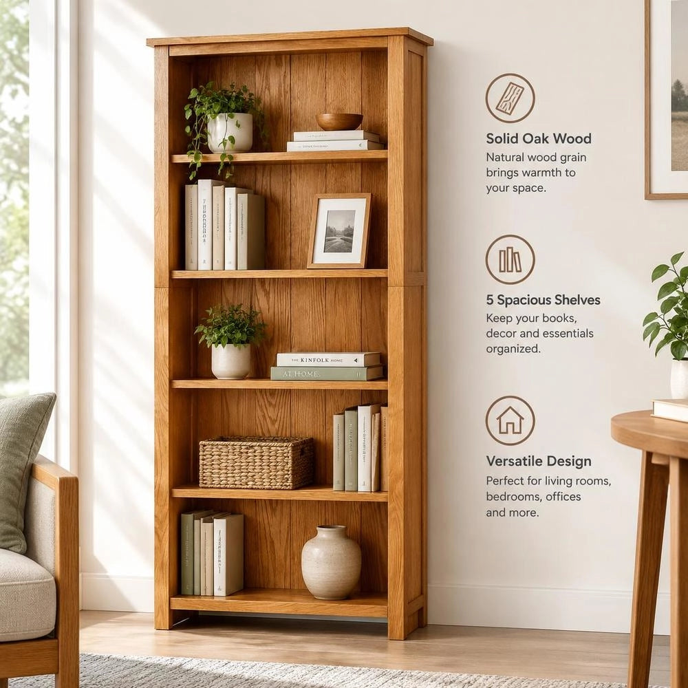 Bookshelf With 5 Compartments, 70x22x140 Cm, Solid Oak Wood