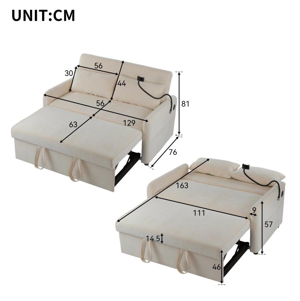 Divano letto estraibile 2 posti con schienale regolabile e porte USB in chenille beige