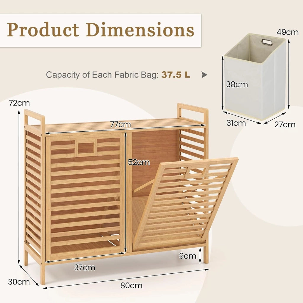 Cesto per la biancheria, 75 l, 2 scomparti, con 2 sacchetti per la biancheria rimovibili, 80 x 30 x 72 cm, in bambù, per lavanderia e bagno
