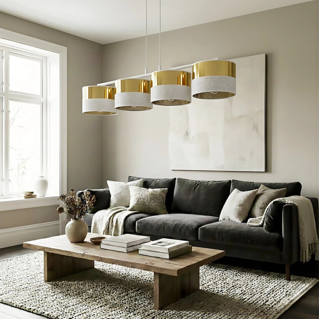 Lampada a sospensione Lux in acciaio bianco e oro