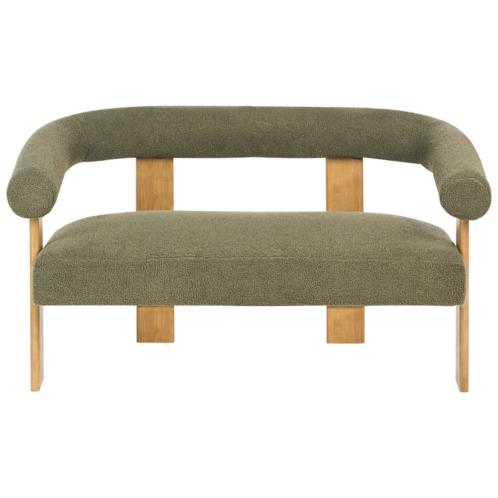 Divano a 2 posti Boucle verde e Marrone Scuro stile retrò gambe in legno