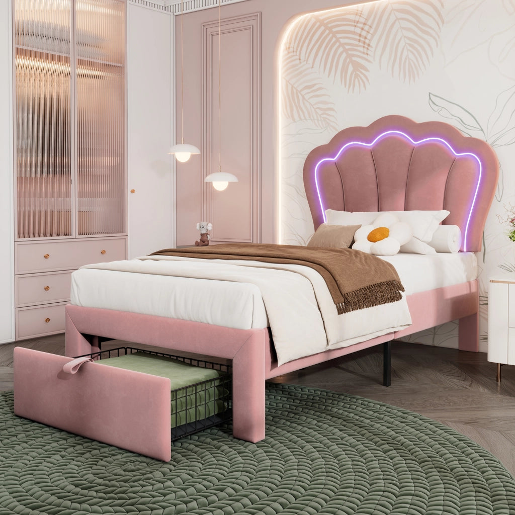 OKWISH Letto Singolo Bambini 90×190 cm con LED RGB, Cassetto, Telecomando e Testiera Regolabile, senza Materasso, Velluto Rosa