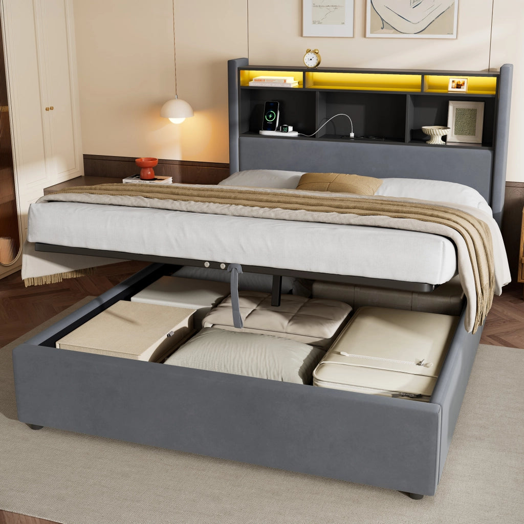 Letto matrimoniale contenitore imbottito grigio scuro 140x200 cm con LED e ricarica USB
