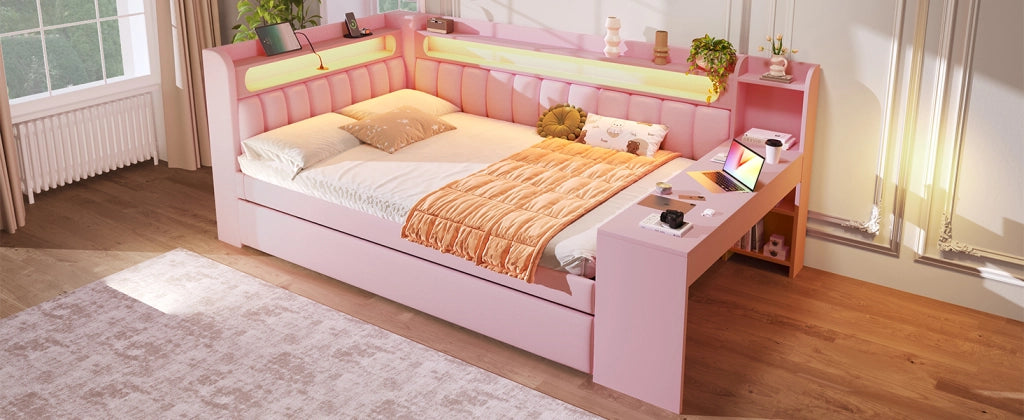 Daybed imbottito con USB, LED, letto estraibile e scrivania, 140x200 cm, rosa