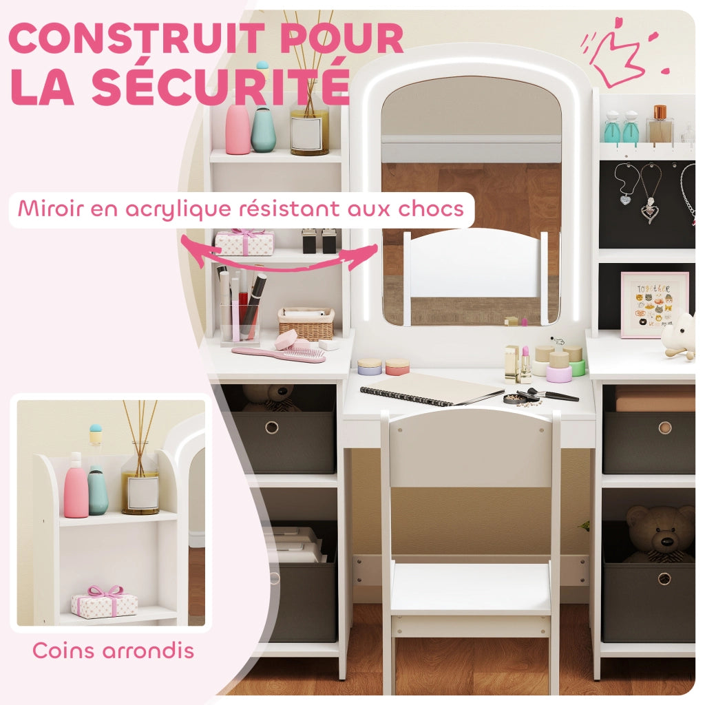 Tavolo da trucco bambini con sgabello e specchio LED ¨C zephmum ¨C 104x40x112 bianco