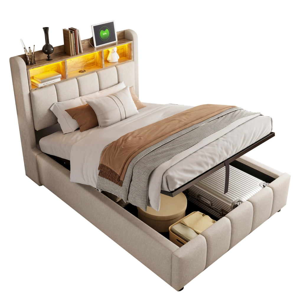 Letto imbottito 90x200 cm beige con LED, USB e vano contenitore