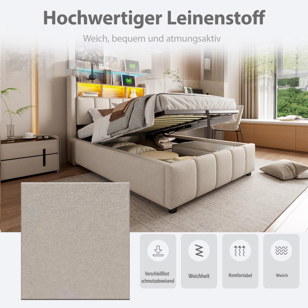 LETTO Imbottito 90x200 cm Beige in tessuto di lino con LED, USB e contenitore