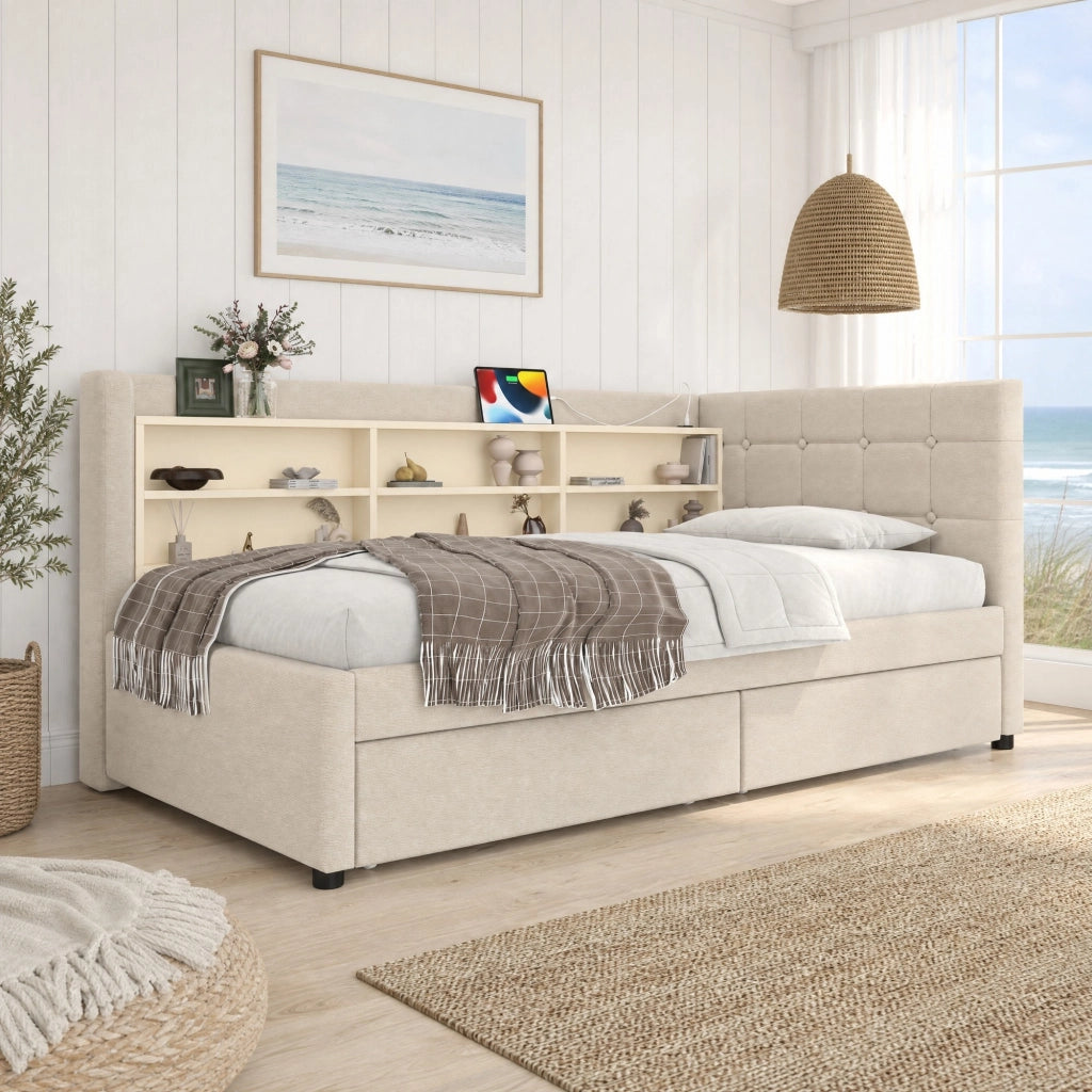 Letto singolo 90x200 cm con cassetti, USB e Type-C beige