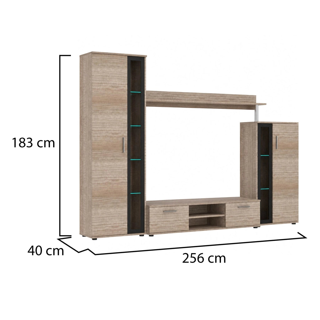 Mobile Soggiorno Linahasi, Parete Attrezzata Modulabile, Marrone Rovere Scuro