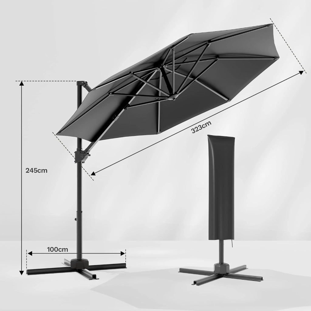Ombrellone a sbalzo con manovella e inclinazione, telaio in alluminio impermeabile con protezione UV, include copertura e cinghie