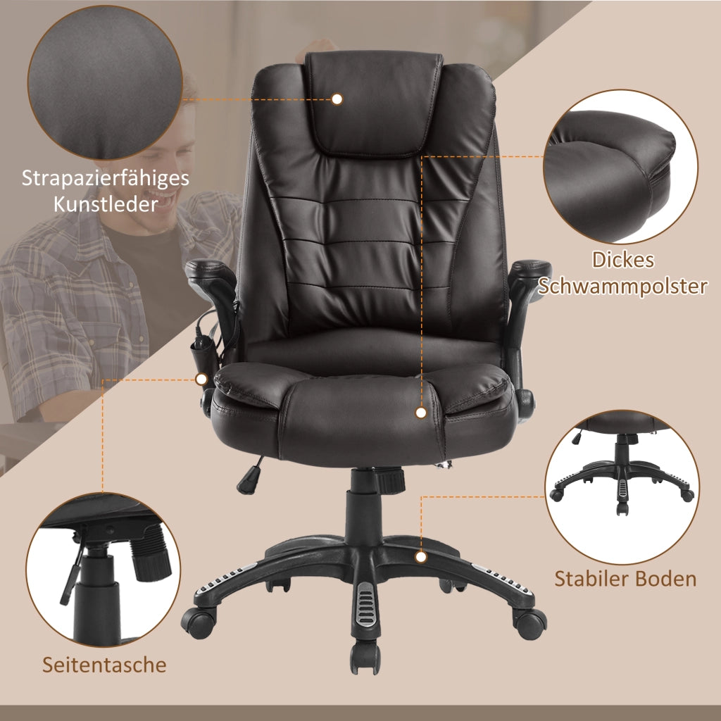Poltrona da ufficio massaggiante con riscaldamento, altezza regolabile e rotazione 360° in ecopelle marrone moderna