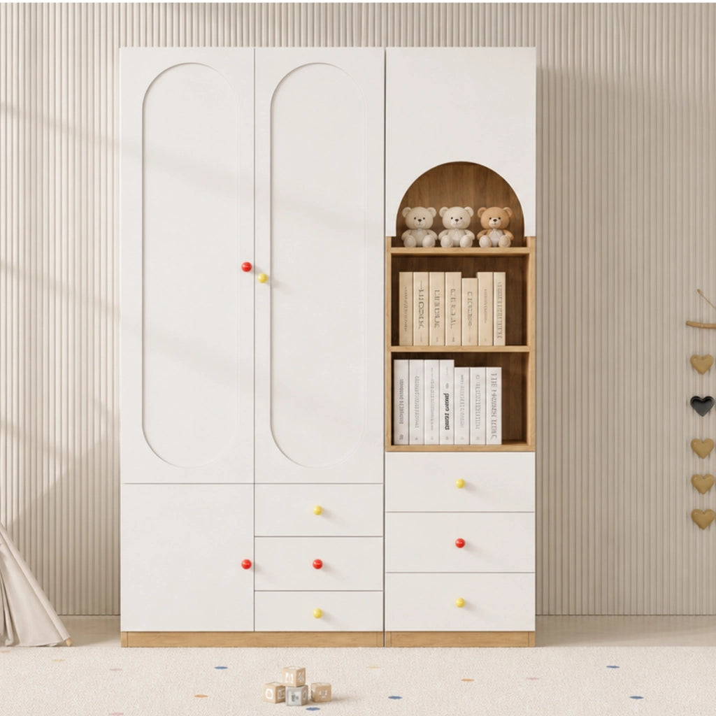 Set armadio e scaffale con ante e cassetti in MDF bianco e naturale