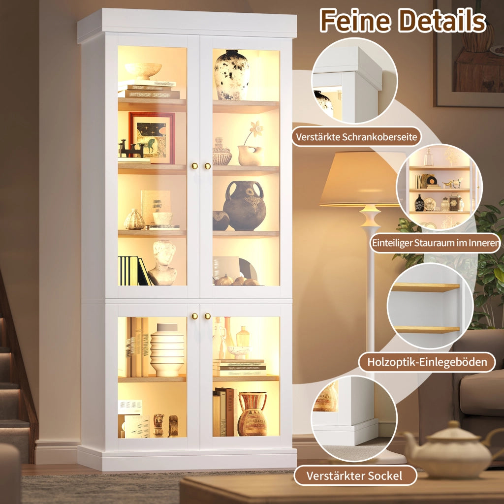 Armadio alto con LED, 2 sistemi antiribaltamento e ripiani regolabili, in MDF e vetro, bianco, 80 × 40 × 180 cm