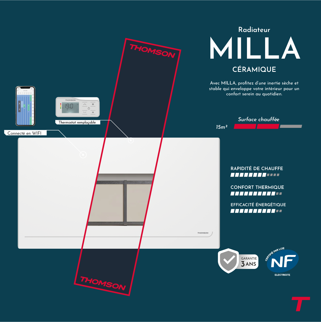 Radiatore elettrico Thomson WiFi con inerzia in ceramica e termostato intercambiabile, 2000W Milla
