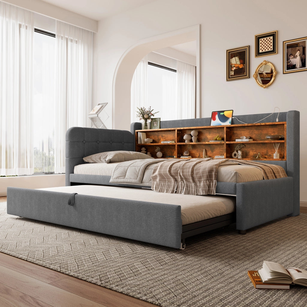 DESMIU Letto estraibile 90 × 200 cm e 180 × 200 cm 1 piazza con USB, Type-C e vani, senza materasso, grigio