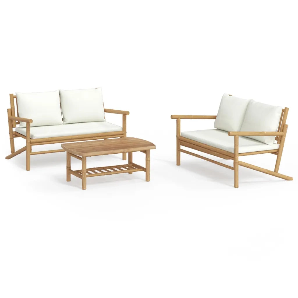 Set Salotto da Giardino 3pz con Cuscini Bianco Crema in BambÃ¹cod mxl 76399