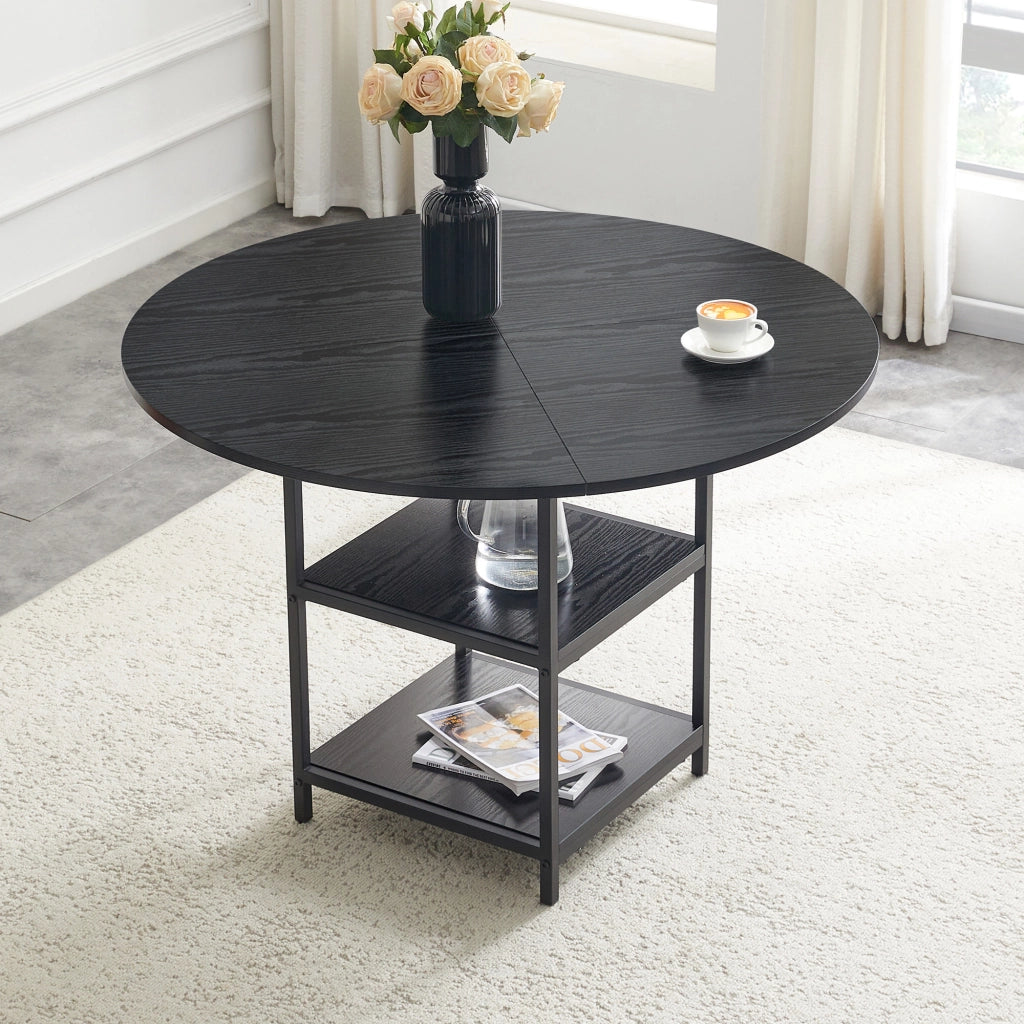 Tavolo da pranzo - rotondo - doppio piano - MDF nero - Ø107 cm - gambe metalliche - per 2-4 persone