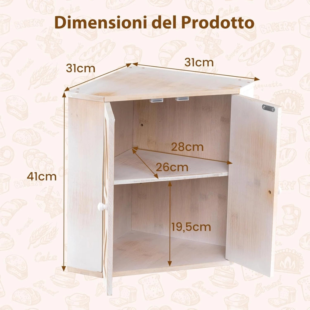 Scatola Porta Pane Angolare, Organizzatore per Pane a Doppio Strato in Bamboo con Ripiano Regolabile, Contenitore Porta Pane Capiente per Bancone Cucina, 31x31x41 cm