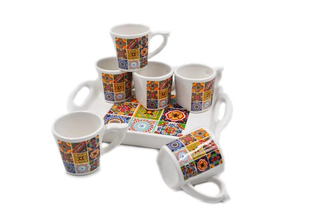 Set 6 Tazze Tazzine Caffe' in Ceramica con Vassoio Decoro Sicily