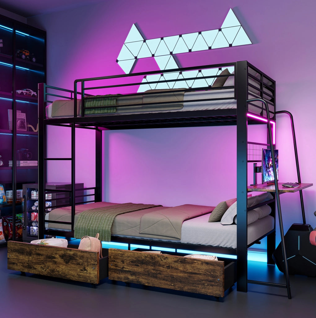 Letto a soppalco 90x200 cm con scrivania; illuminazione LED; MDF e metallo; nero