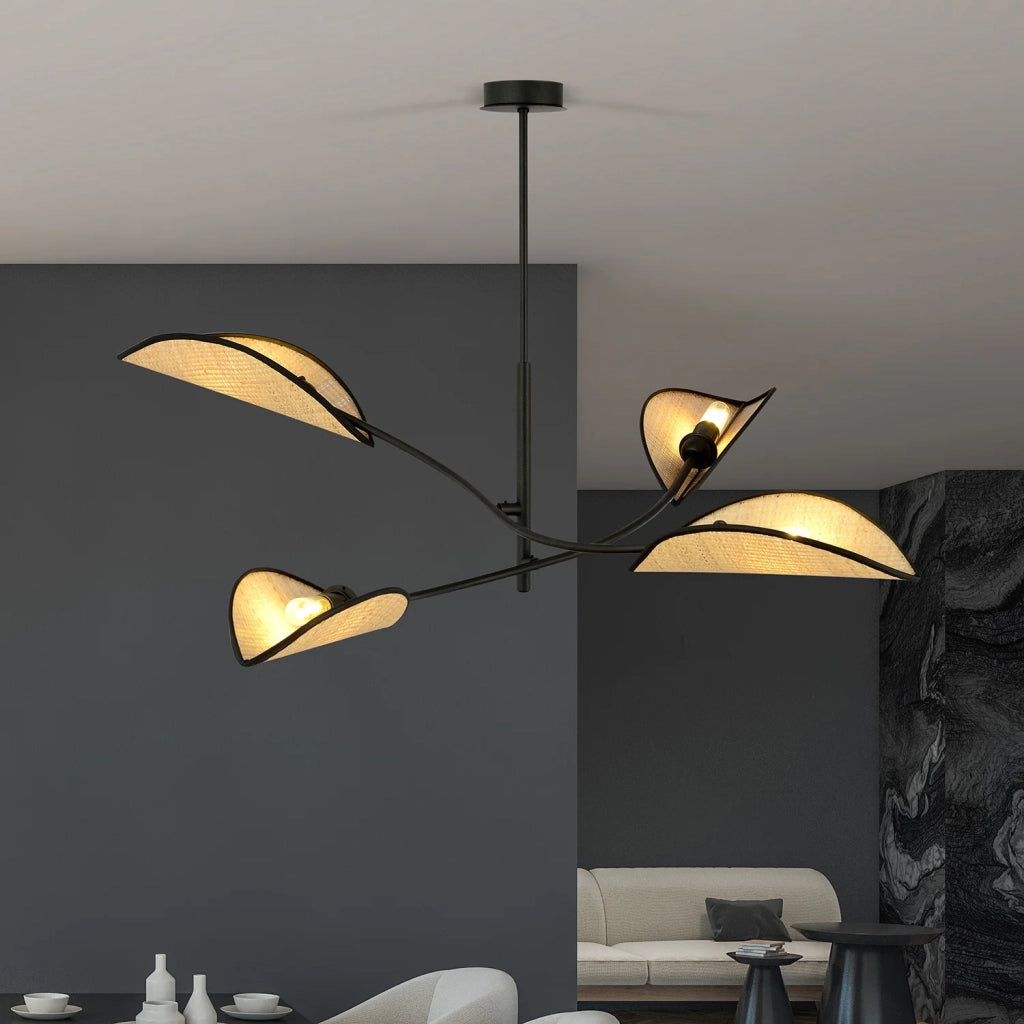 Sospensione Nordica 4 Luci Ares In Acciaio E Rattan Con Bracci Regolabili