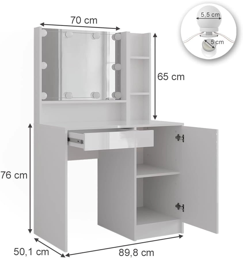 Tavolo da toeletta Sherry, Bianco/bianco lucido, 89.8 cm 4 parti, con illuminazione LED e specchio integrato fisso