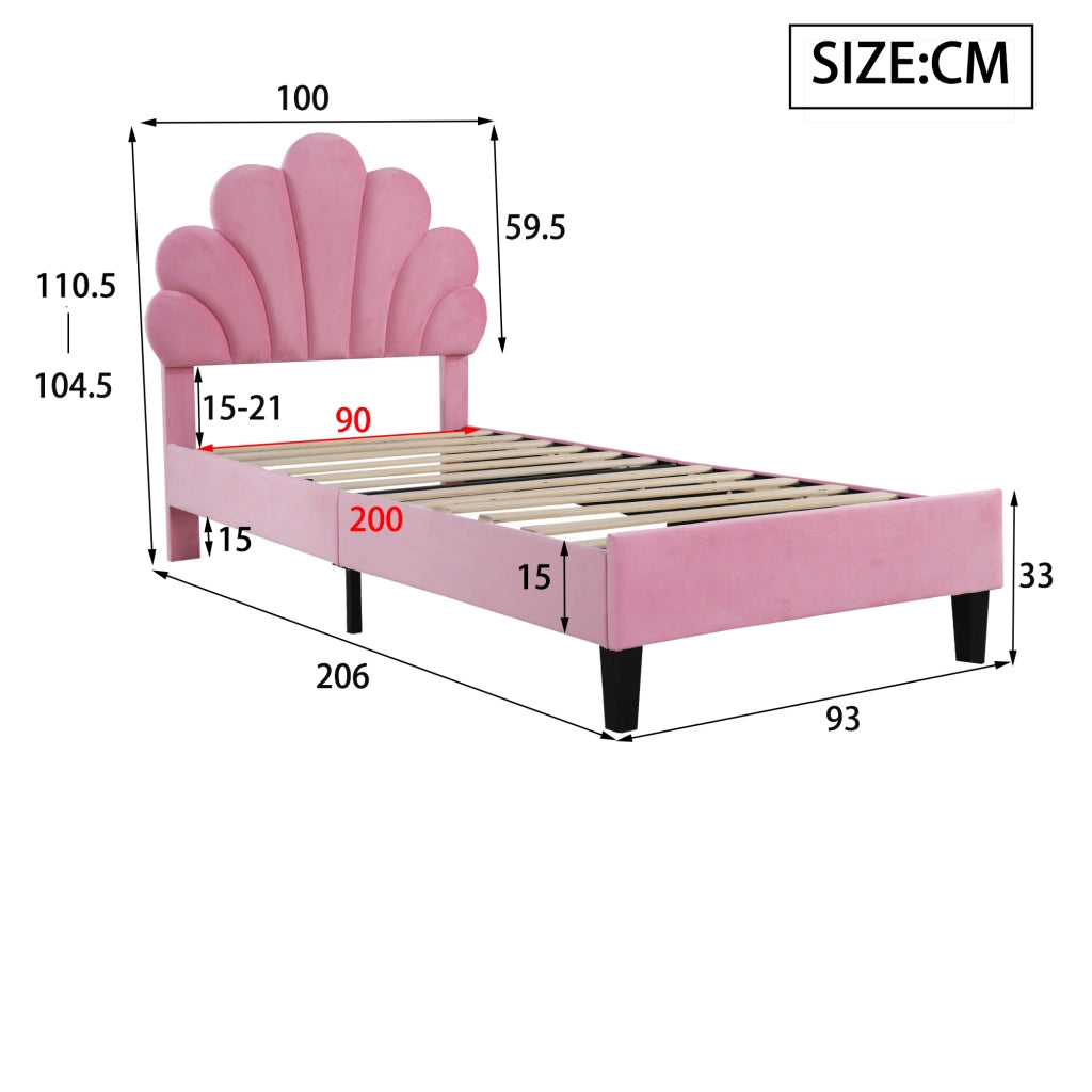 Upholstered Kids Bed;90x200 cm;flower-shaped headboard;velvet;pink