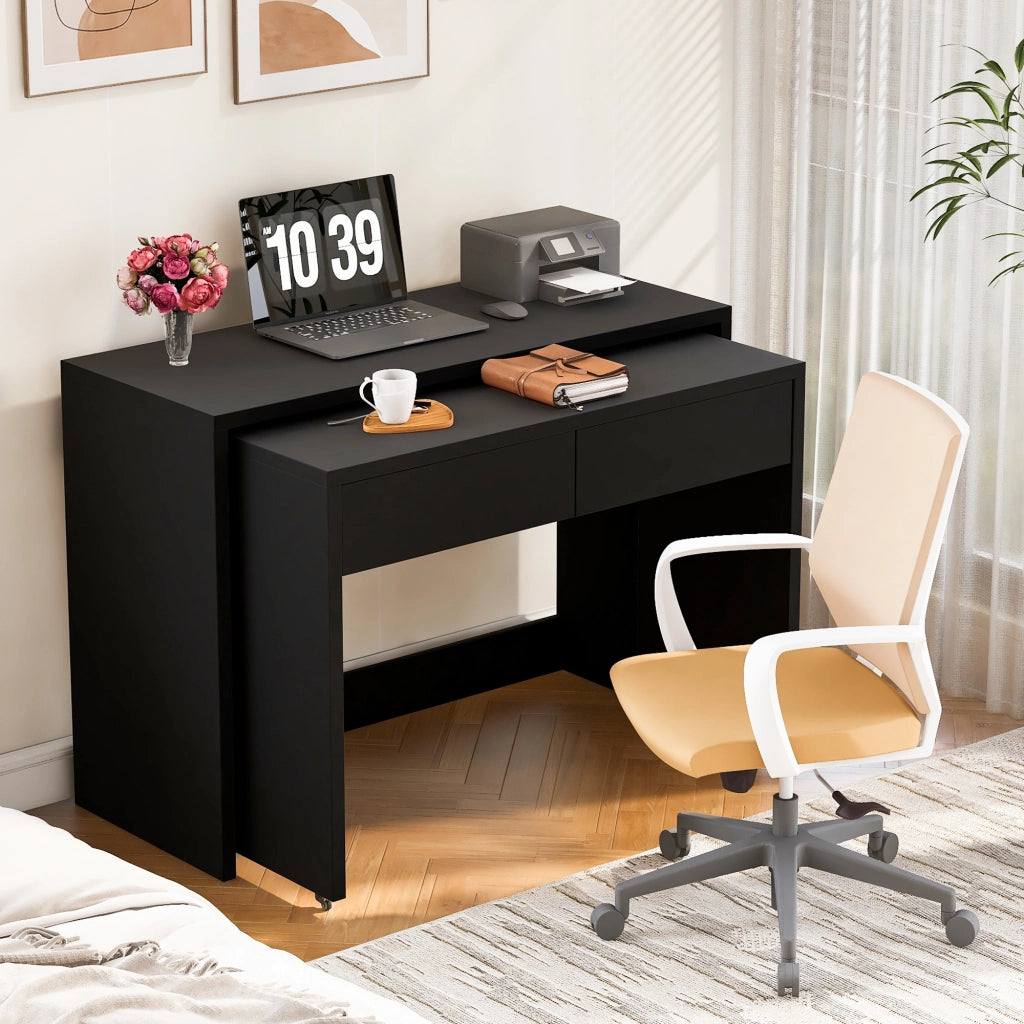 Scrivania pieghevole 2 in 1 con 2 cassetti e ruote - per studio - 110 x 40 x 78 cm - nero