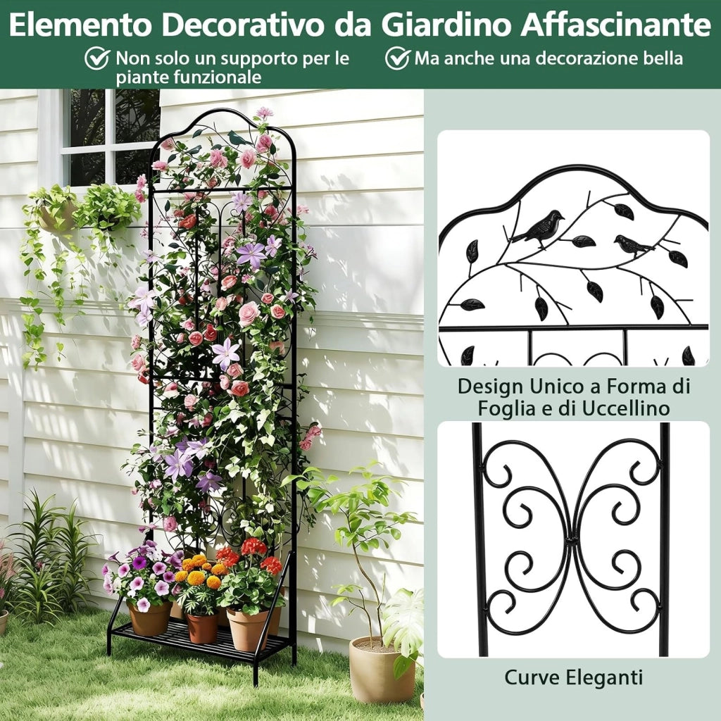 Traliccio per Rampicanti Metallo con Ripiano Pieghevole, Graticcio per Piante da Esterno, Griglia per Piante Rampicanti per Giardino, Cortile e Patio, 50 x 30 x 189,5 cm (Nero,2)