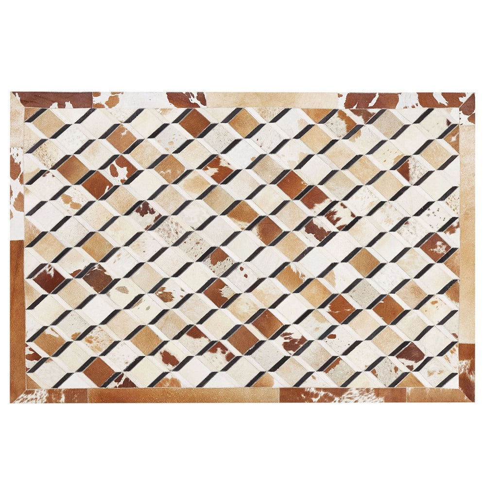Tappeto da zona Marrone Pelle di vacchetta Patchwork Motivo geometrico a rombi Sottofondo in feltro 140 x 200 cm Paese moderno