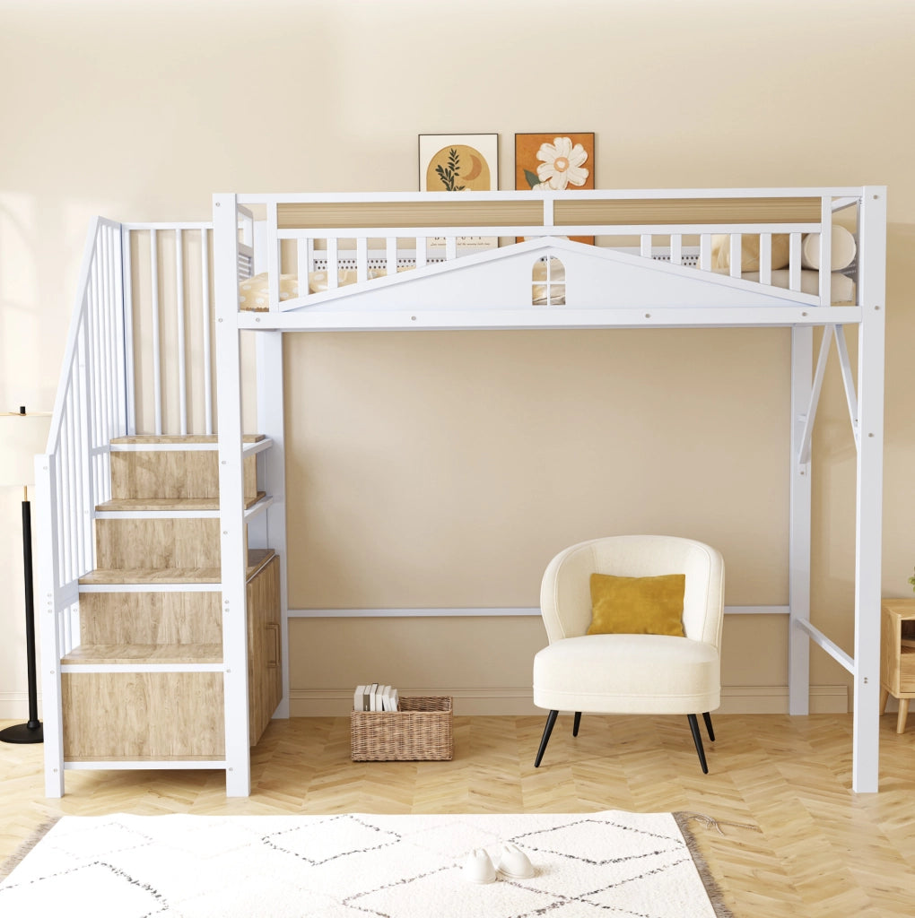 Letto a soppalco 90x200 cm in metallo e legno; con scala contenitore; bianco