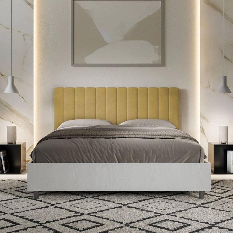 Letto Matrimoniale 160x200 cm struttura bianco frassino testata Kaia - Contenitore,Microfibra,Ocra