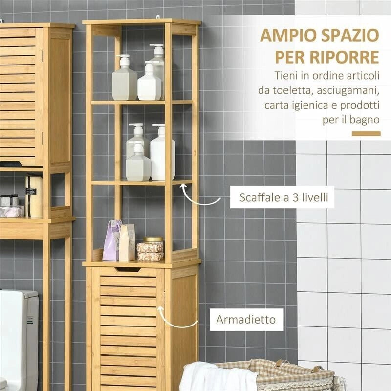 MOBILE BAGNO A 3 RIPIANI E CREDENZA DESIGN A DOGHE 34X30X173CM LEGNO NATURALE