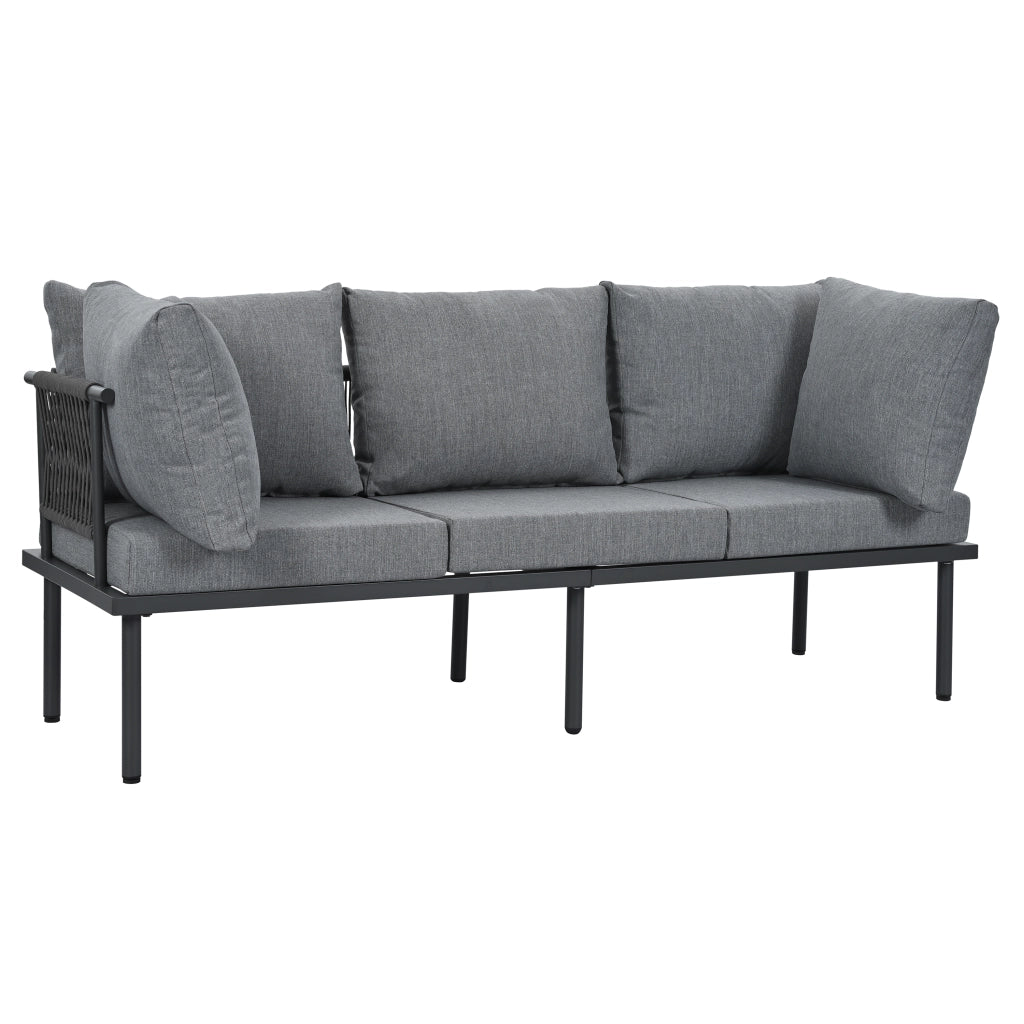 Set Divano da Giardino con Tavolino e Pouf ¨C MINIMAL ¨C Polyrattan, Acciaio, Vetro, Grigio/Nero