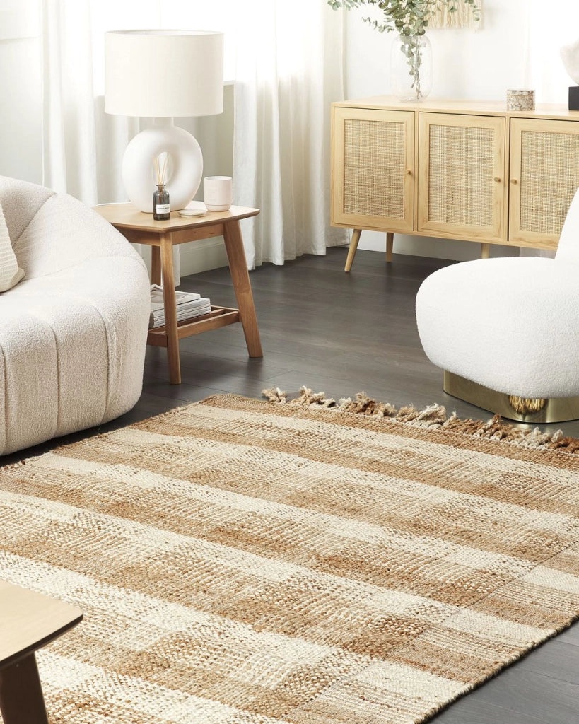 Tappeto in juta beige 160 x 230 cm con nappe motivo geometrico intrecciato a mano stile bohémien per soggiorno camera da letto