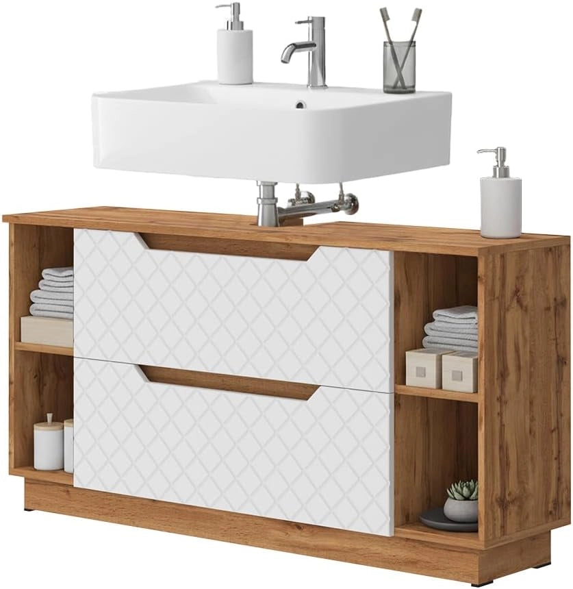 Mobile sottolavabo per bagno Lotta, Rovere/bianco con struttura in piastrelle, 119.2 x 62.5 cm con 2 cassetti