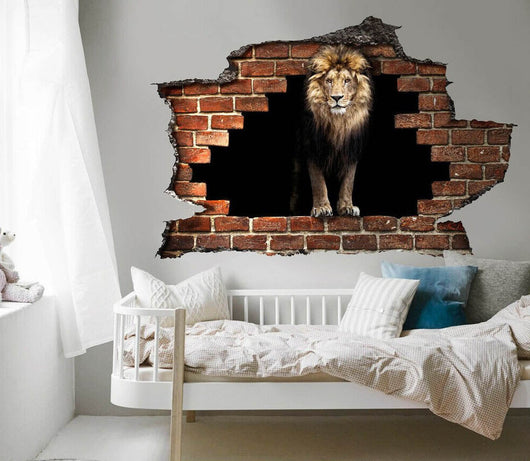 Adesivo parete Leone effetto 3D foro su mattoni wall sticker adesivo per muro LEONE Misura: 150x100 cm