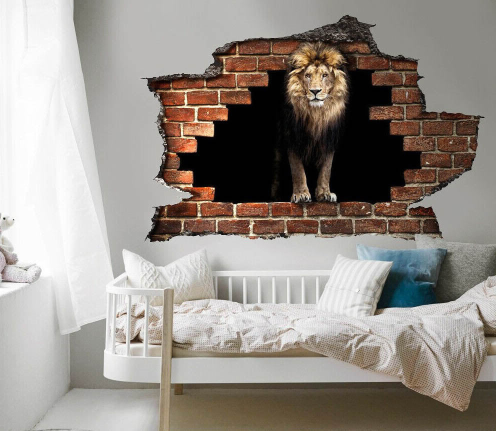 Adesivo parete Leone effetto 3D foro su mattoni wall sticker adesivo per muro LEONE Misura: 150x100 cm
