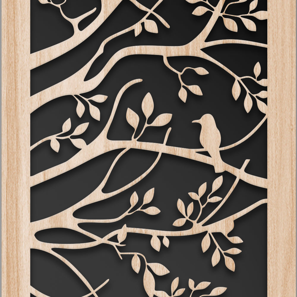 ALBERO CON UCCELLINI 100x70 cm - Quadro arredo LASERCUT composito Legno e PVC Misura: 100x70 cm