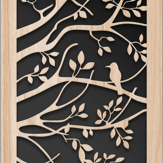 ALBERO CON UCCELLINI 100x70 cm - Quadro arredo LASERCUT composito Legno e PVC Misura: 100x70 cm